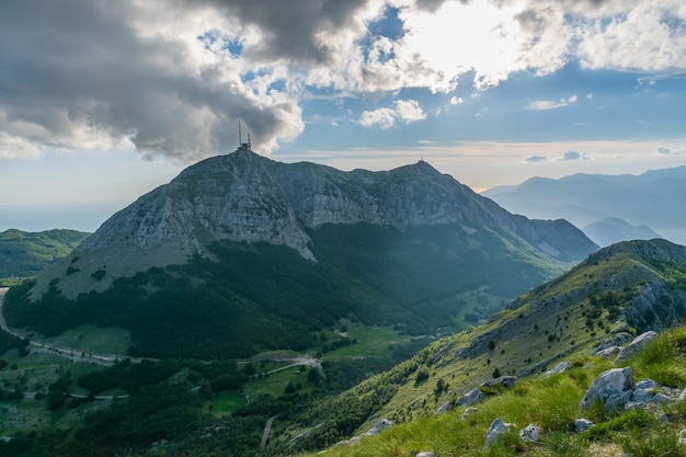 The tower of mobile communication is located on a high mountain.