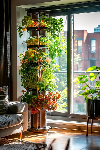 Photo tower of plants in front of window with view of the city