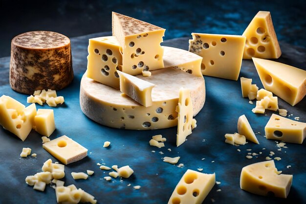 Tower of premium swiss cheese different size pieces on table closeup on wild blue yonder background