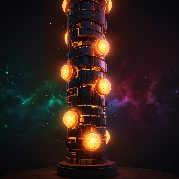 Photo tower of swirling glowing orbs stacked in a column radiating vibrant light creating a mesmerizing