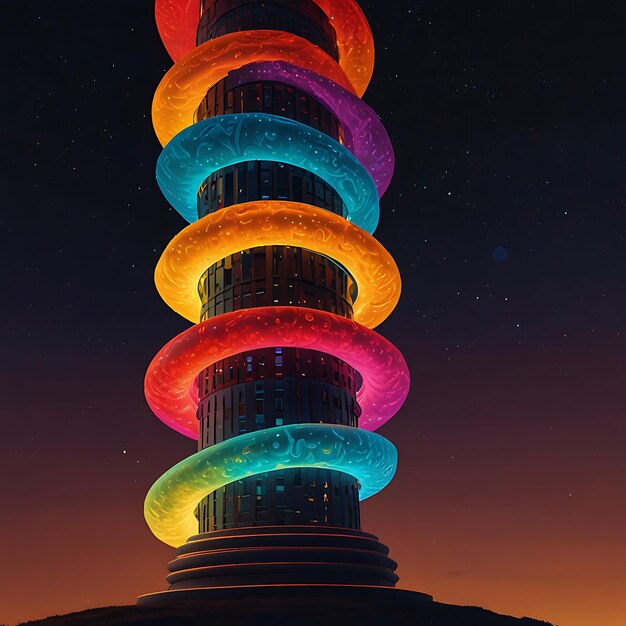 Photo tower of swirling glowing orbs stacked in a column radiating vibrant light creating a mesmerizing