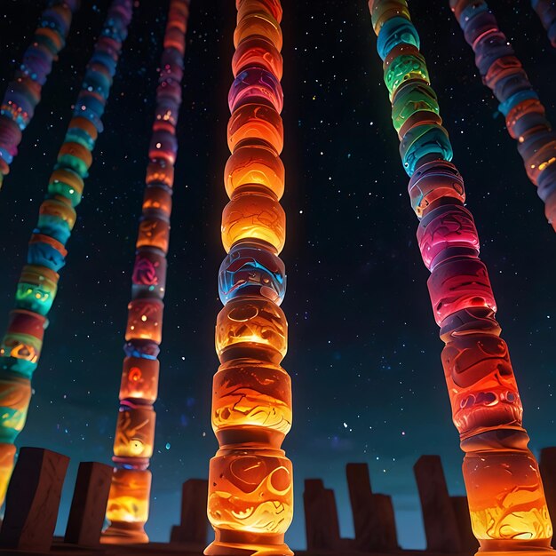 Photo tower of swirling glowing orbs stacked in a column radiating vibrant light creating a mesmerizing