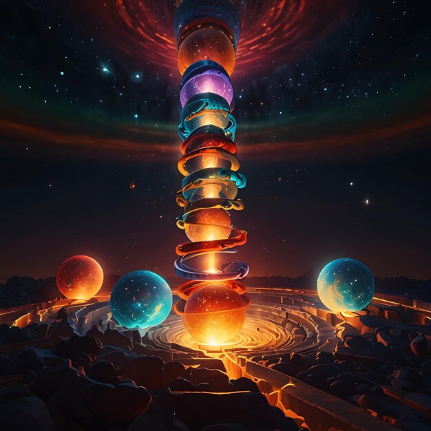 Tower of Swirling Glowing Orbs Stacked in a Column Radiating Vibrant Light Creating a Mesmerizing