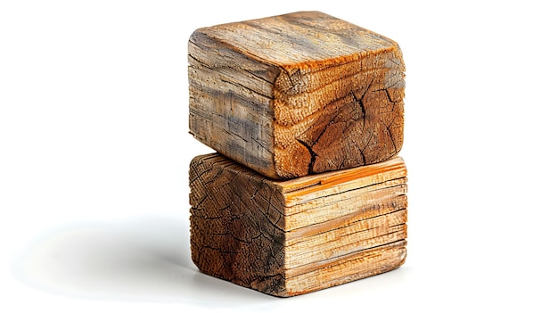 A tower of three wooden blocks stacked on top of each other isolated on white background