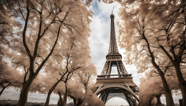 tower in the trees with pink flowers