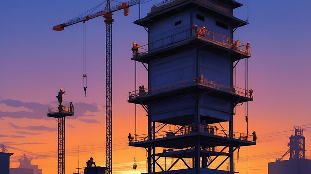 Photo a tower with a crane in the background and a sunset in the background