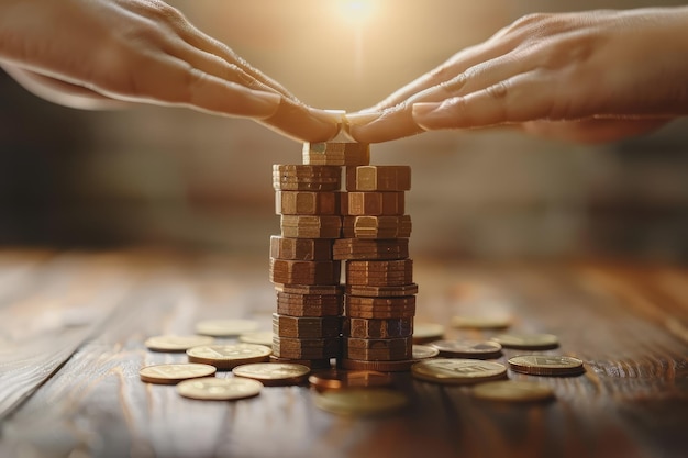 A tower of wooden blocks with coins stacked on top Participate in protecting financial assets