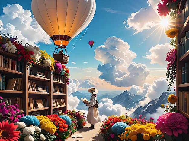 Towering bookshelves formed from fluffy white clouds reach for a bright sun A hot air balloon pilot