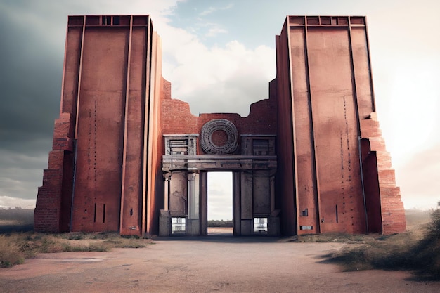 A towering brick wall that looks like it could be the entrance to an abandoned factory