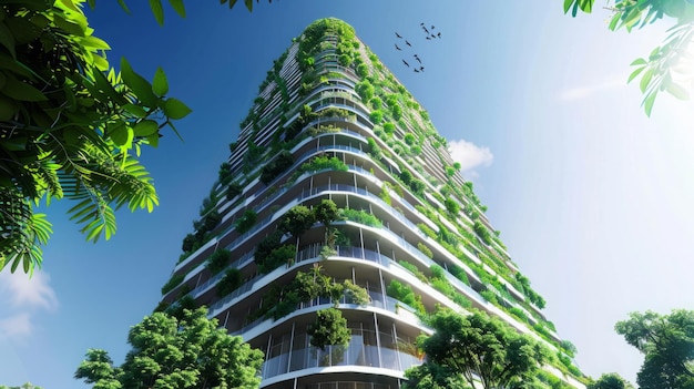 Towering building covered in lush plants outdoor