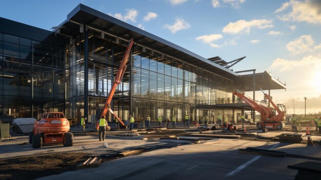 A towering glass building with a crane poised in front of it ready for construction