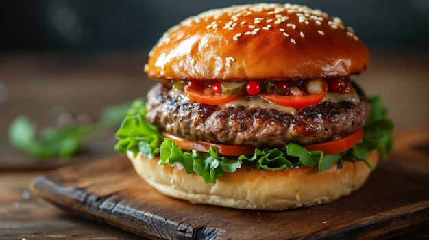 A towering gourmet burger with a juicy patty lettuce tomatoes and a perfectly toasted brioche bun