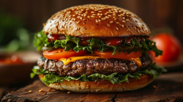 A towering gourmet burger with a juicy patty lettuce tomatoes and a perfectly toasted brioche bun