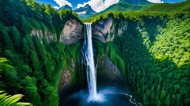 towering mountain peaks rising into the sky surrounded by lush forests and cascading waterfalls