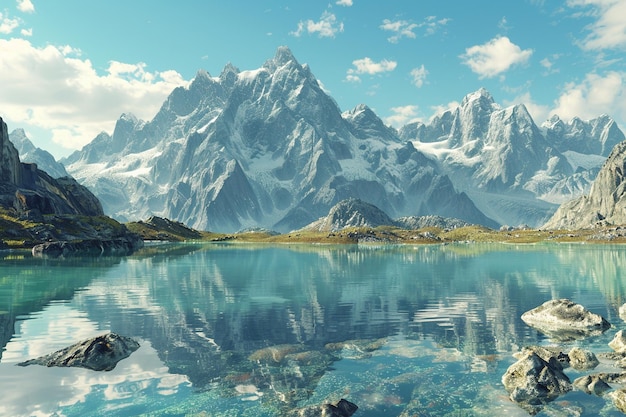 Towering mountains reflected in a crystalclear lak