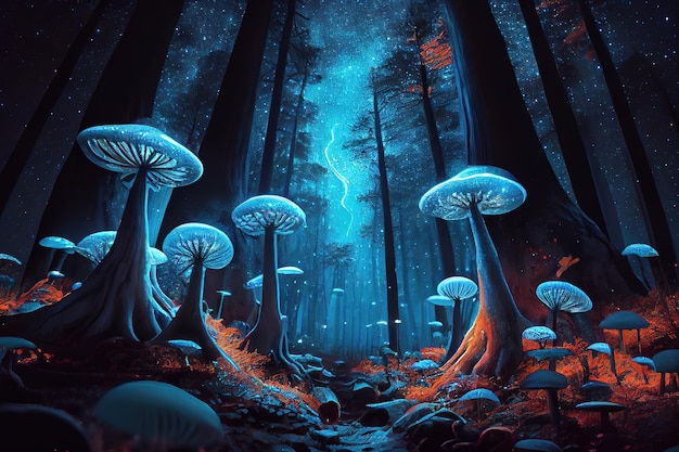 Towering mushroom forest illuminated in bioluminescence Generative Ai