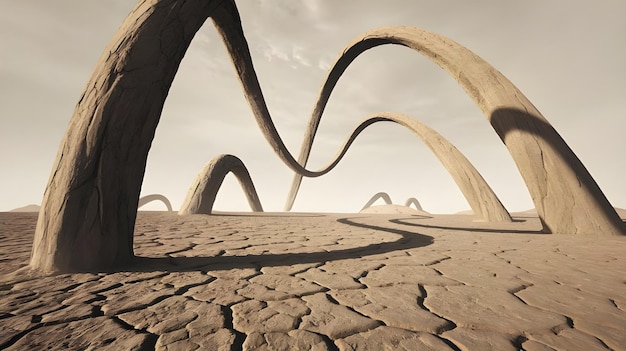 Photo towering natural arches over cracked earth landscape