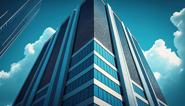 Towering office building stands against a clear blue sky in a striking corporate illustration