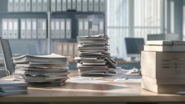 Towering paperwork stack dominates busy desk scene