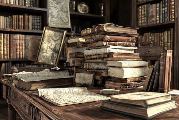 A Towering Pile of History Ancient Books and Maps Fill a Historians Study Whispering Tales of Bygone Eras