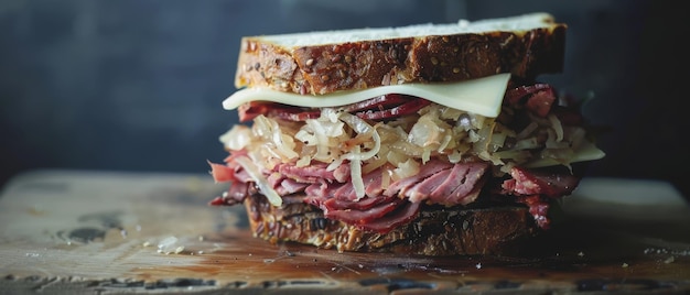 Photo a towering reuben sandwich boasts layers of corned beef swiss cheese sauerkraut and rye bread creating a mouthwatering visual treat