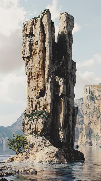 Photo a towering rock formation rises from tranquil waters surrounded by scenic cliffs and greenery