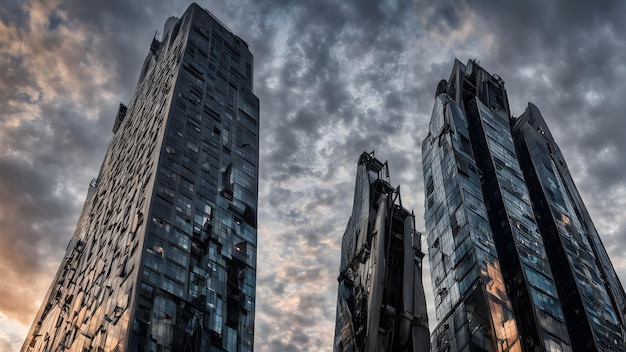 a towering skyscraper piercing the cloudy gray sky