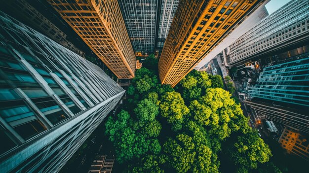 Photo towering skyscrapers and lush greenery in the heart of the city