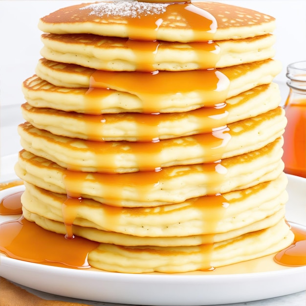 Towering stack of pancakes covered in maple syrup and butter