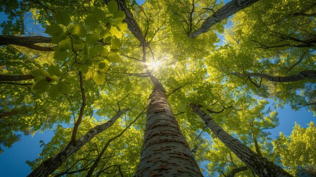 Photo towering trees bathed in summer sunlight with lush green leaves