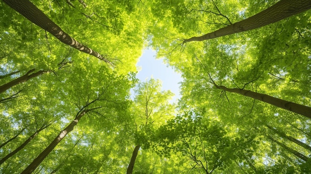 Photo towering trees form a vibrant green canopy overhead allowing soft sunlight to filter through as it brightens the forest floor below