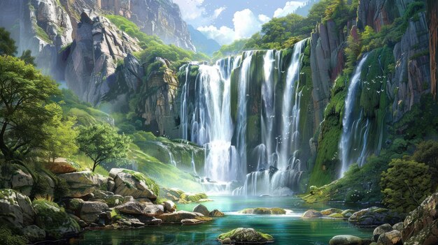 Towering waterfall cascading down a rocky cliff into a pristine pool illustrating the power and beauty of nature