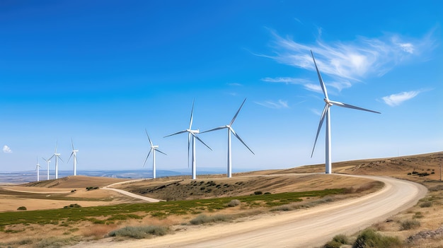 Towering wind turbines against a clear blue sky background