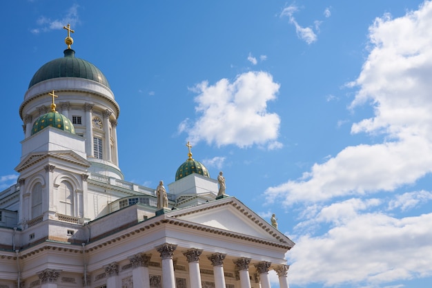 The towers of the cathedral in Helsinki against the blue sky.