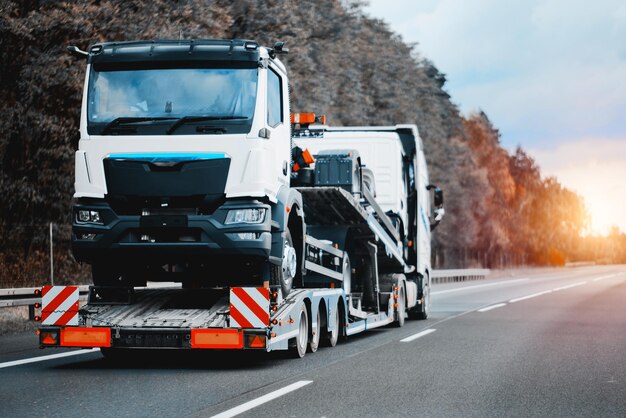 Photo towing truck with a brandnew commercial vehicle for cargo shipping emergency roadside assistance