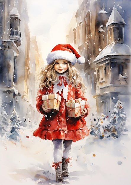 town girl red coat hat holding presents snowflakes store princess welcoming smile childhood memory