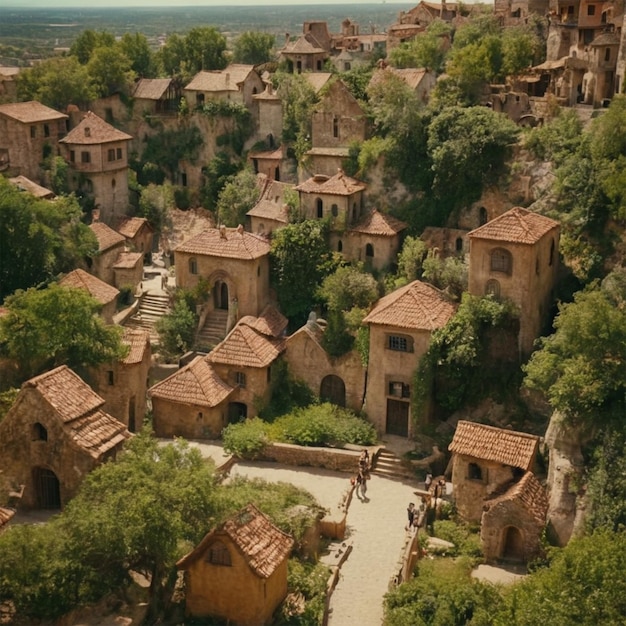 Photo a town with a lot of trees and buildings on the top