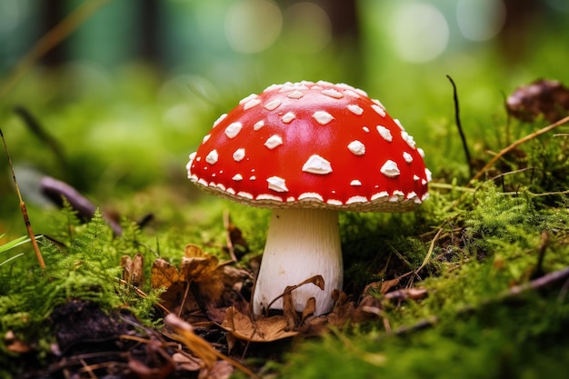 Toxic Latin mushroom called Amanita muscaria found in grass