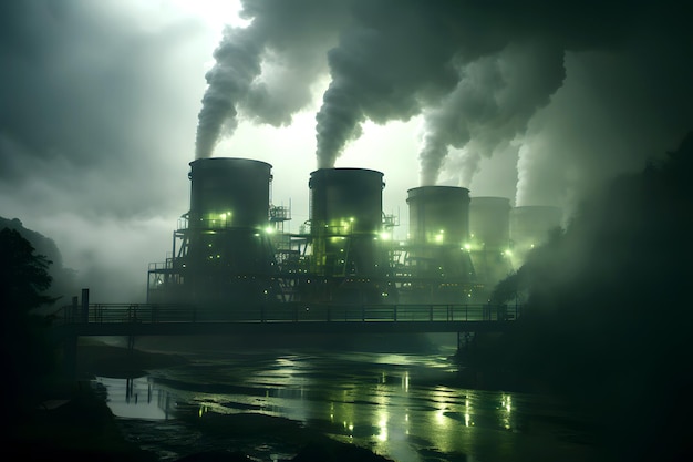 toxic smoke from chimneys of industrial enterprises harm and air pollution from oil refining