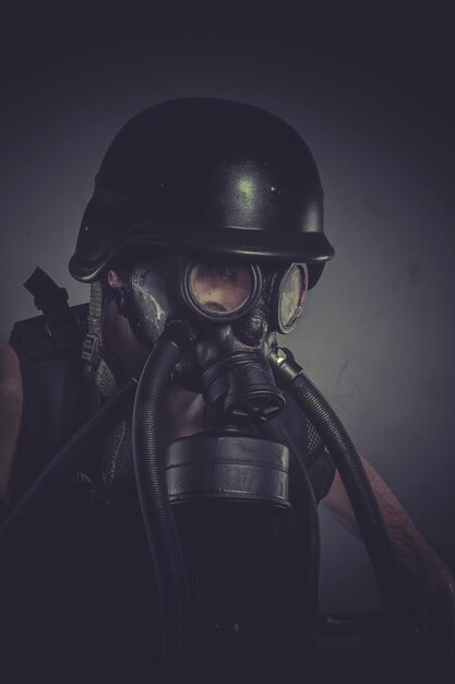 Toxins nuclear and toxicological disaster ,man with gas mask