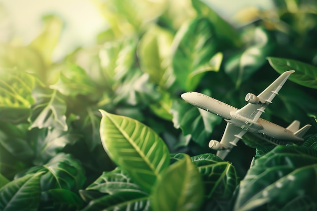 Photo toy airplane amidst lush green leaves under sunlight concept of nature and travel