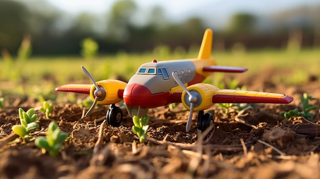 A toy airplane is placed on top of a dirt field