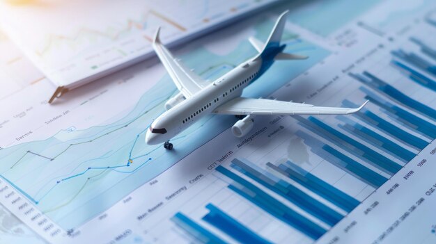 Photo toy airplane placed over financial charts symbolizing the intersection of aviation industry and financial planning or investment analysis