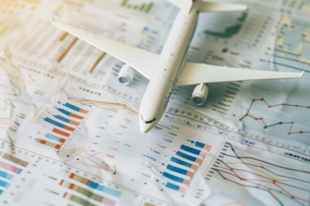 Photo a toy airplane rests on a spread of financial charts and graphs symbolizing the intersection of aviation and financial analytics