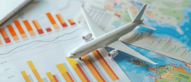 A toy airplane rests on top of travel charts and maps symbolizing the planning and anticipation of upcoming journeys