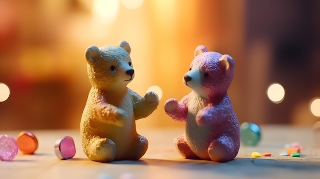 A toy bear and a pink toy bear are on a table.