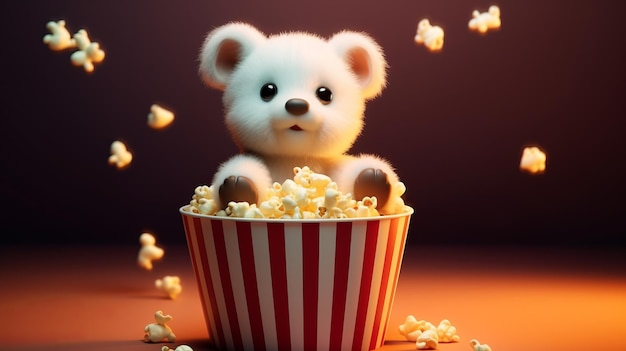 A toy bear sits in a bowl of popcorn