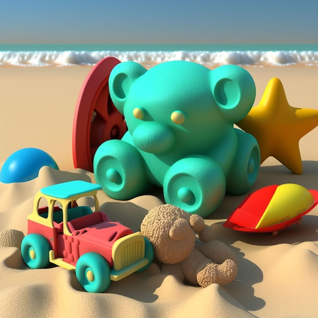 A toy bear and a toy car are on a beach.