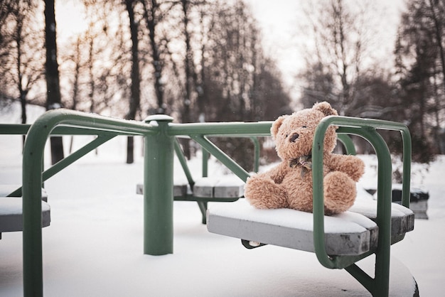 The toy bear was left in the winter at the children's playground