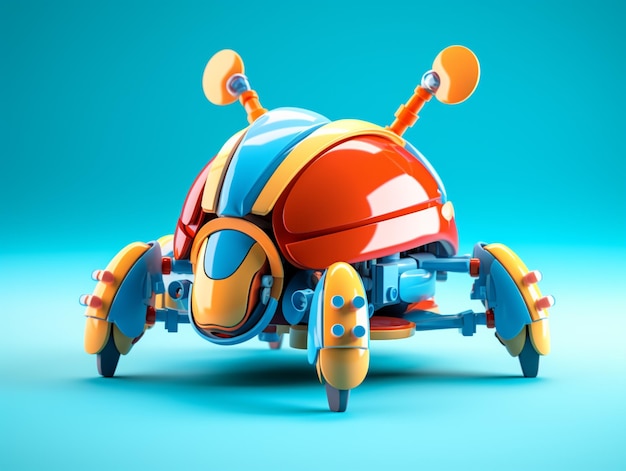 A toy bug with orange and blue stripes is on a blue background.